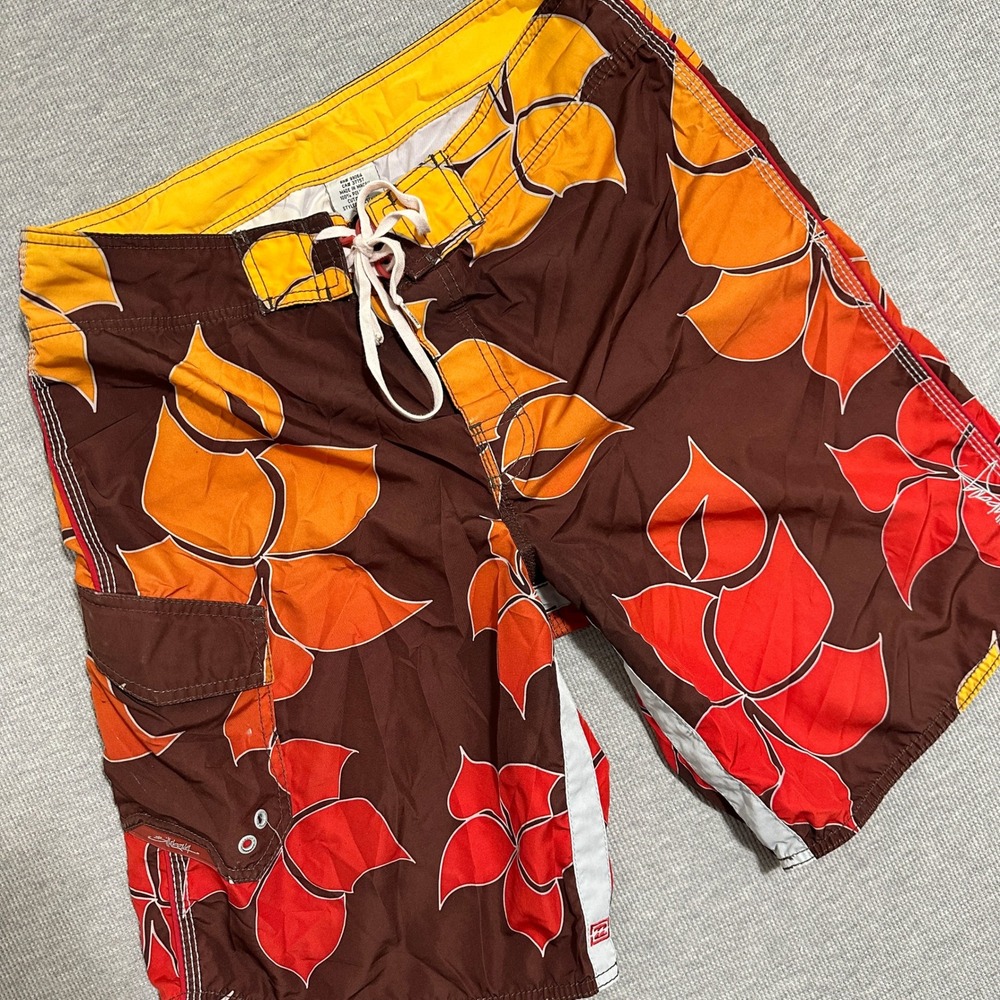 Billabong Board Shorts Brown Orange Floral Hibiscus Print Y2K Surf Men's Size 33
